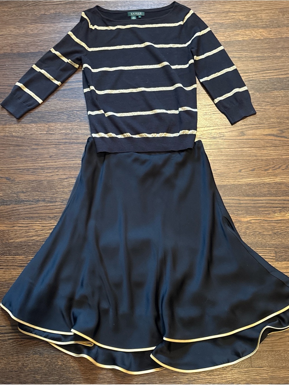 Ralph Lauren Black Silk Top and Black Midi Skirt with Gold Trim